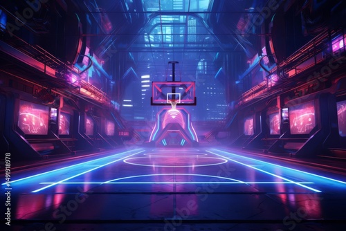 A futuristic, neon-lit basketball court with a cybernetic architectural style. The colors are vibrant and emphasize the futuristic setting.