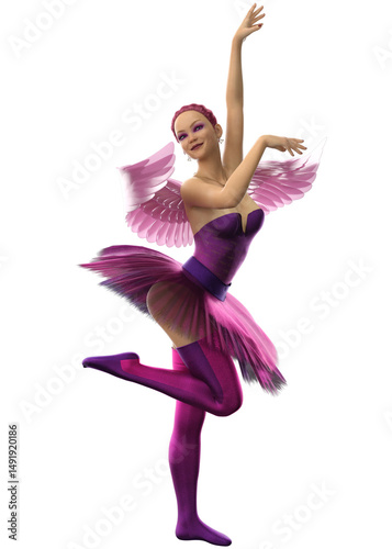 Graceful ballerina with pink wings in a purple tutu, in a dynamic dance pose. Ideal for fantasy, ballet, performance art, and magical themes. 3D illustration of a ballerina cupid girl with wings.