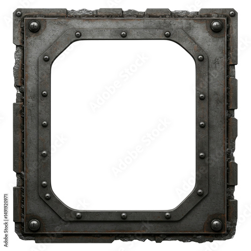 Industrial metal frame square shape weathered steel riveted grunge texture isolated on transparent background rugged mechanical sci fi futuristic design