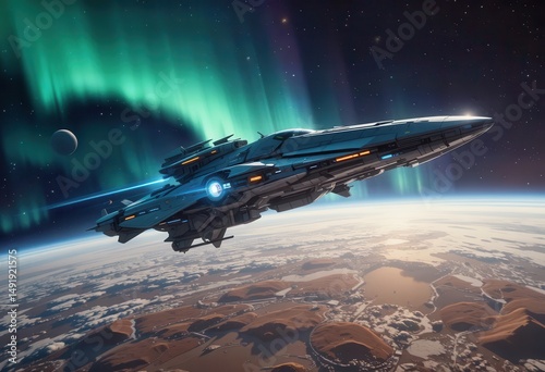 Spacecraft cruising through the northern lights above a distant planet