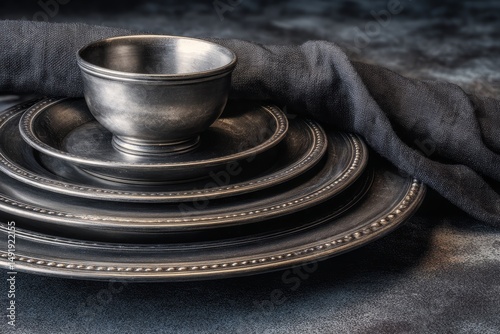 Stacked pewter dinnerware set on a dark surface.