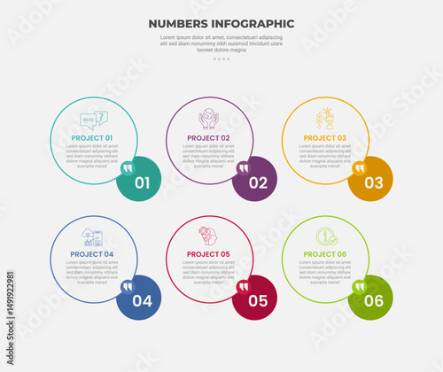 numbers or numerical infographic outline style with 6 point template with outline circle with quote mark and small badge for slide presentation