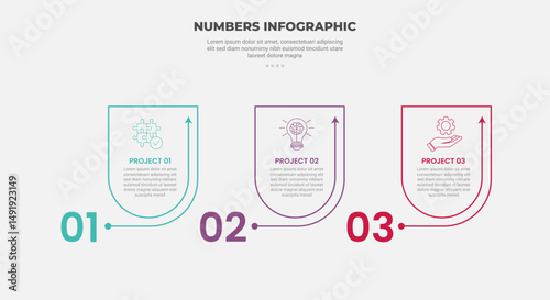 numbers or numerical infographic outline style with 3 point template with creative round rectangle box with circular arrow line for slide presentation
