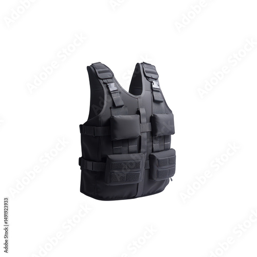 Tactical black vest with pouches isolated on transparent background