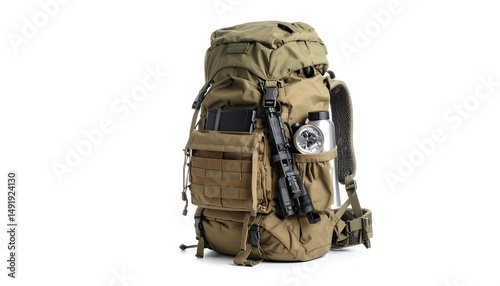 Tactical military backpack with multiple compartments and attachments on a white background ready for outdoor adventures and expeditions