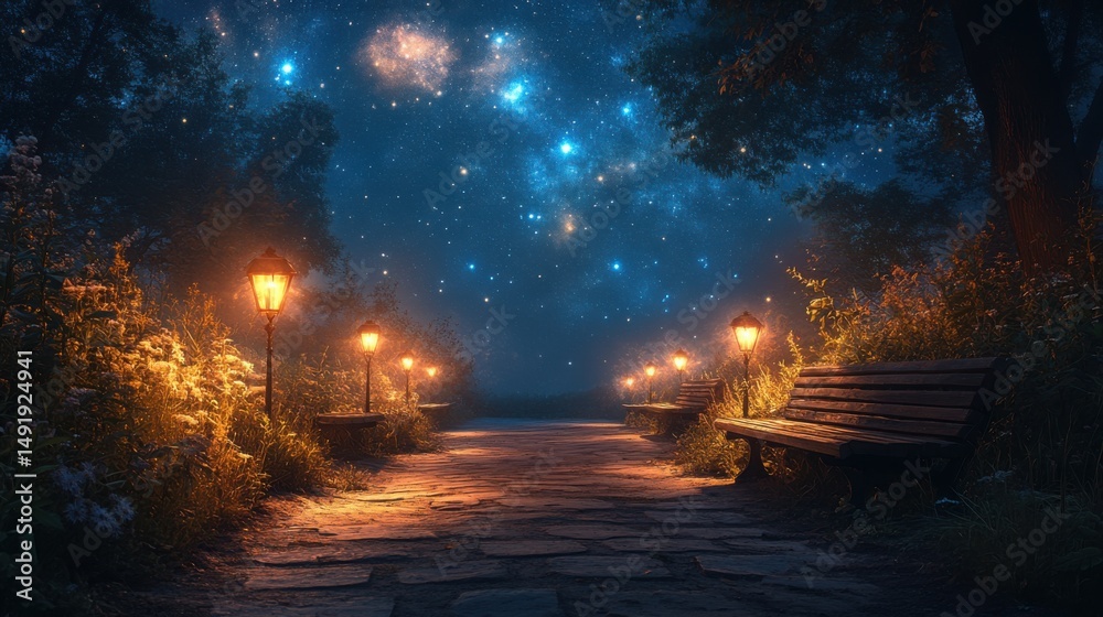 Fototapeta premium A serene walkway invites leisurely strolls, featuring charming benches and magical lanterns glowing softly under a blanket of twinkling stars, creating a peaceful ambiance.