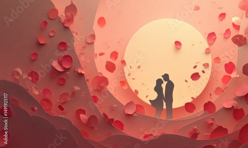 Romantic embrace under a setting sun dreamy landscape digital art serene environment close-up view love concept