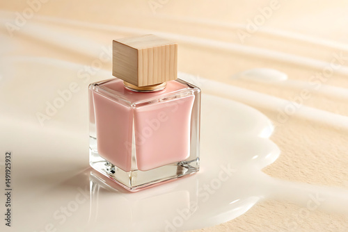 Stylish Pink Perfume Bottle with Wooden Cap on Soft Background, Minimalist Elegant Fragrance Presentation, Beauty and Luxury.