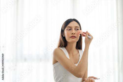Wallpaper Mural Woman applying blush with makeup brush, beauty blogger skincare at home, soft glam cosmetics look for smooth complexion, makeup tutorial and self care lifestyle, cosmetic product and beauty influencer Torontodigital.ca