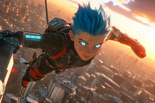 Futuristic urban explorer soars through the skyline at sunset, showcasing a blend of technology and adventure