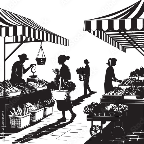silhouettes of people in a cafe market vegetable outdor 