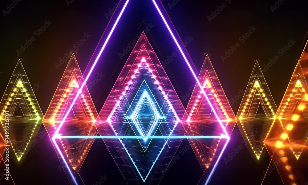 Neon triangular tunnel with vibrant light
