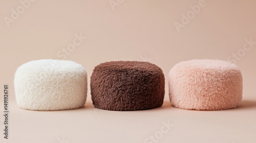Fluffy round podium in cocoa and milk colors set against a soft beige background inside a bright room