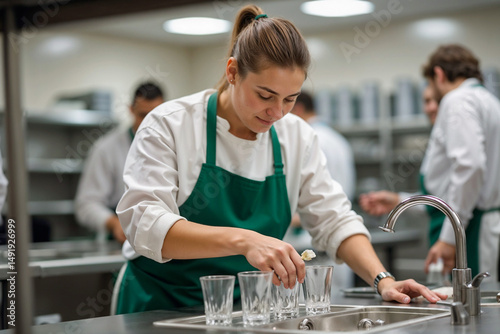  cafeteria worker washes glasses in the cafeteria kitchen