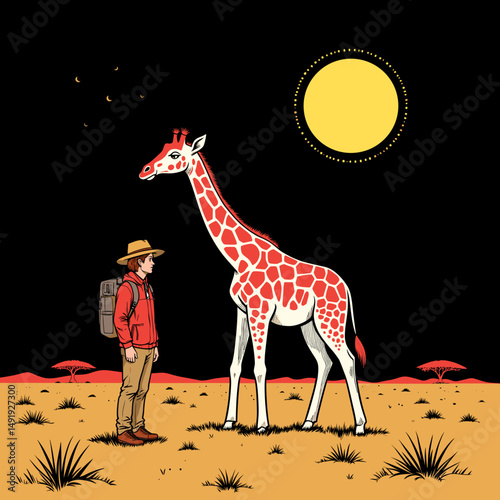 Giraffe interacting with a traveler in a desert landscape