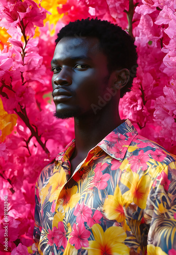african male model in a cool and stylish hawaiian cloth, summer style
