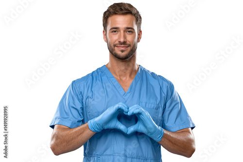 Portrait of a male nurse in scrubs showing a heart symbol with hands, isolated on transparent background