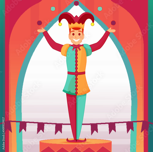 Vector image of a male jester. Cartoon character, a juggler in a circus. Simple flat graphics, children's drawing, illustration.
