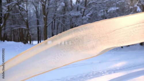 Wavy sheer white fabric blowing in a snowy winter landscape under gentle sunlight. Snow covered trees and ground creating a peaceful winter scene.