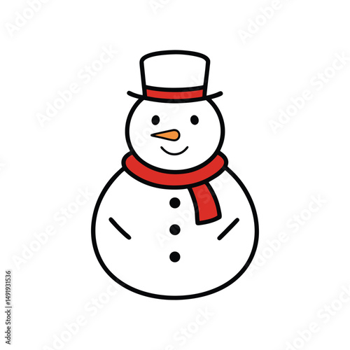 A vector art illustration of a smiling snowman with a top hat and scarf.eps