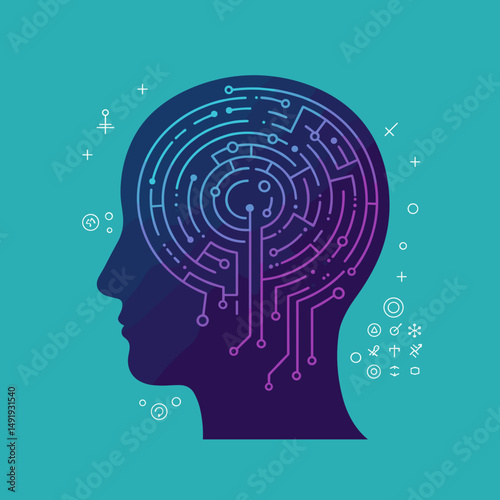 Minimal head silhouette with swirling maze inside, ADHD concept  
