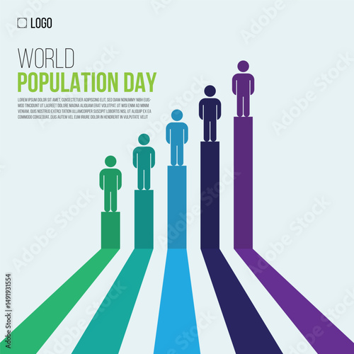 world population day.Colorful infographic celebrating World Population Day with human figures on rising bars symbolizing global population growth, diversity, and awareness for sustainable future.
