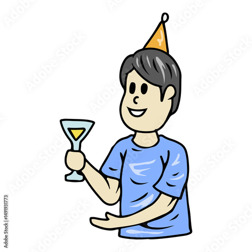 Cartoon Man Celebrating with a Drink