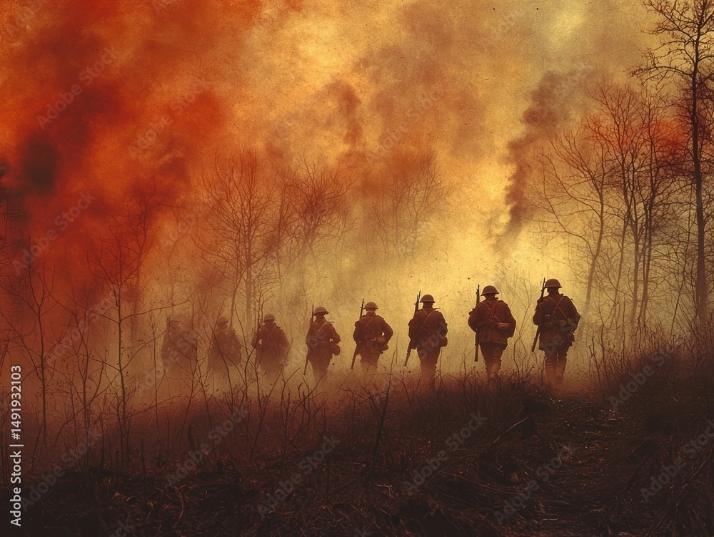 Fototapeta premium Soldiers march through a burning forest