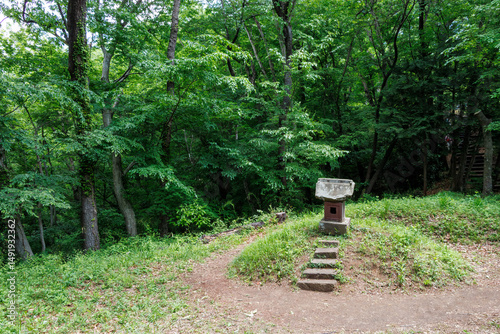 ハイキングコースの祠やベンチ。
秦野駅近くにある弘法山公園（こうぼうやま）は、浅間山（せんげんやま）、権現山（ごんげんやま）、弘法山（こうぼうやま）の３つのピークを含む神奈川県立の自然公園である。山頂の展望台からは、富士山を大きく展望できる
権現山（ごんげんやま）の山頂には、野鳥の観察施設「バードサンクチュアリ」があり、四季折々の野鳥を観察できる
神奈川県秦野市- 2025年
 photo