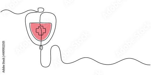 One continuous line drawing of infusion bag . Single line of iv bag vector illustration, Continuous one line drawing of iv bag - medical equiptment. blood medical bag, iv bag, Medicine, clinic and pro