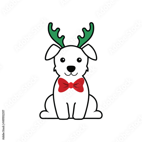 Vector art illustration of a cute dog wearing reindeer antlers and a Christmas bow tie.eps