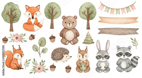 A charming collection of watercolor-style clipart featuring cute baby woodland animals like a bear, fox, squirrel, hedgehog, rabbit, and raccoon, along with trees, acorns, and banners.