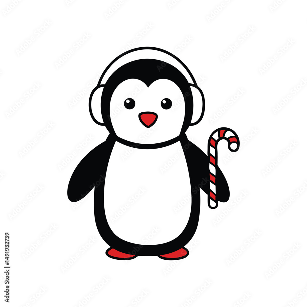 Fototapeta premium Vector art illustration of a penguin holding a candy cane and wearing earmuffs.eps