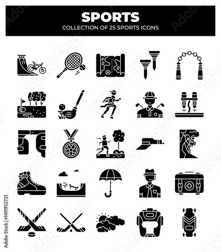 Collection of 25 Sports Icons. A Visual Guide to Various Sport Equipment and Activities