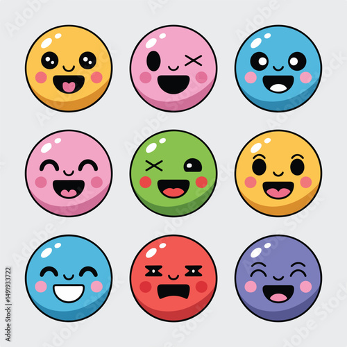 Editable vector icons of cute kawaii-style smiley faces, soft pastel colors, chibi expressions, white background, ideal for children’s products and social apps