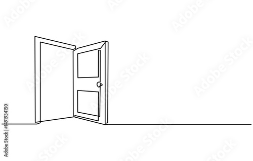 Open door one line illustration, welcome sign continuous line art drawing, Door outline drawing illustration. one continuous line drawing of opened door. A modern line art depiction of an open door in