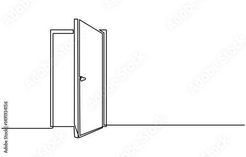 Open door one line illustration, welcome sign continuous line art drawing, Door outline drawing illustration. one continuous line drawing of opened door. A modern line art depiction of an open door in