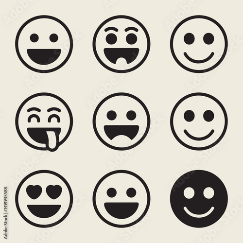 Collection of minimalist black and white emoji faces representing various emotions on beige background
