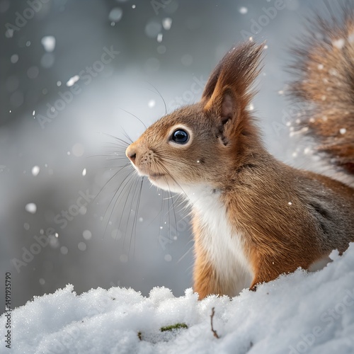  A charming red squirrel, with its bushy tail and inquisitive gaze, navigates a snowy landscape during a winter snowfall.