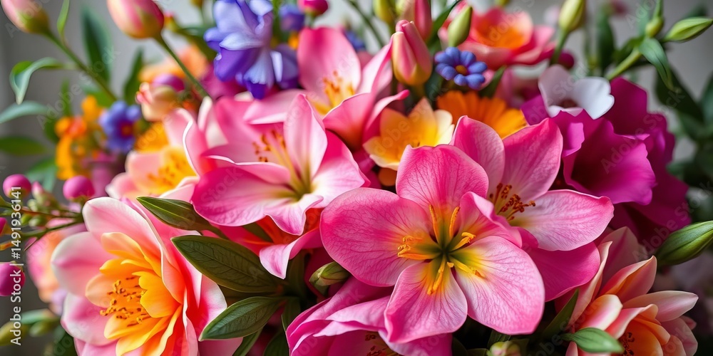 Fototapeta premium Luxurious floral arrangement, vibrant colors, soft focus on blossoms, photography, gift