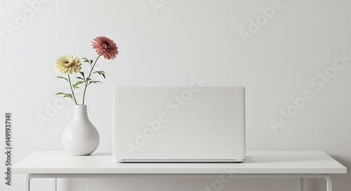 Laptop and Flower on Table