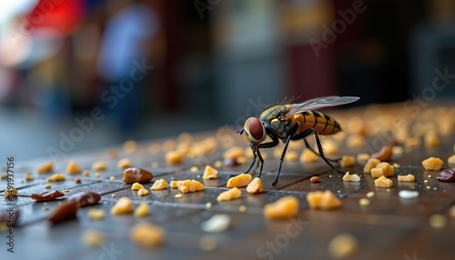 artistic representation of a fly landing on exposed street food.