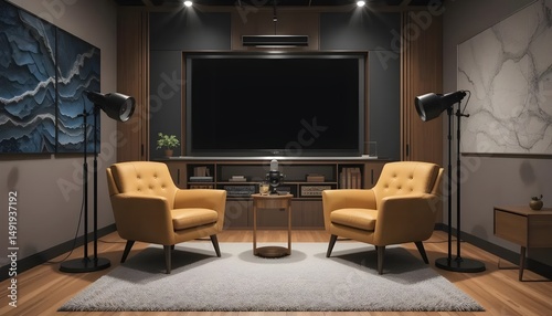 A cozy home theater beckons promising intimate movie nights and engaging podcast recordings in the amber glow with