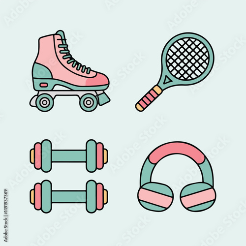 Set of pastel sports equipment icons with retro shapes roller skates, tennis racket, dumbbells, and headbands, outlined in soft pink and mint, clean white background  icon set