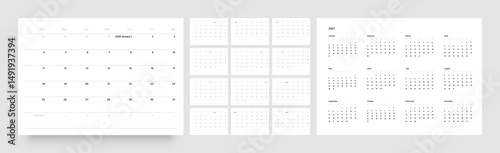 Monthly calendar layout for 2026 year. Minimalistic Diary planner for 2026 year. Week Starts on Sunday. 