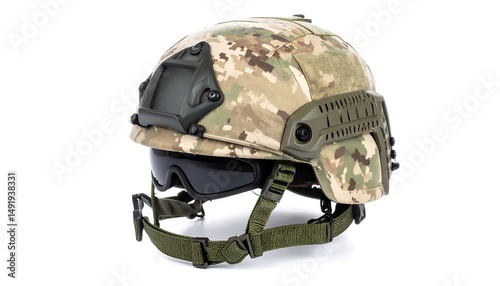 Close-up of a camouflage helmet with visor against a white background. Detail of the helmet's construction and color pattern is visible