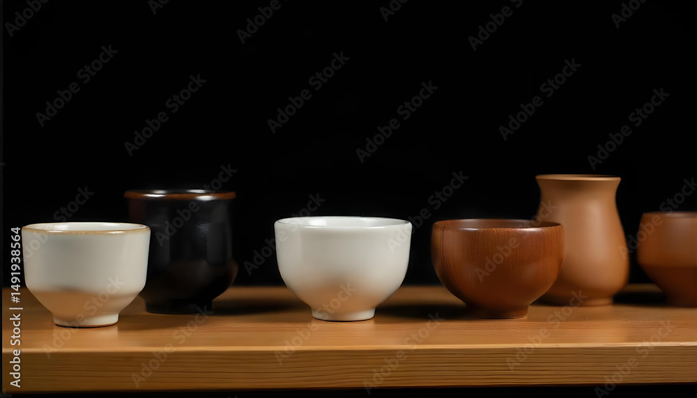 A collection of small sake cups, some are black and white ceramic, others are made of wood, on a wooden shelf with a black background A collection of small sake cups, some are black and white ceramic, others are made of wood, on a wooden shelf with a black background