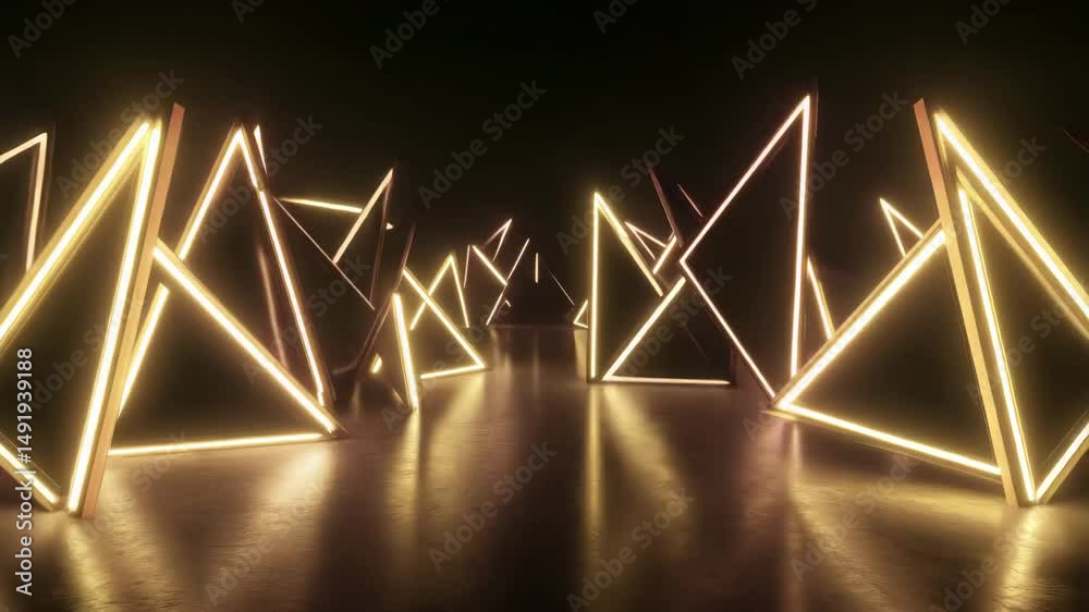 A room with triangular glowing decorations that change color in the dark