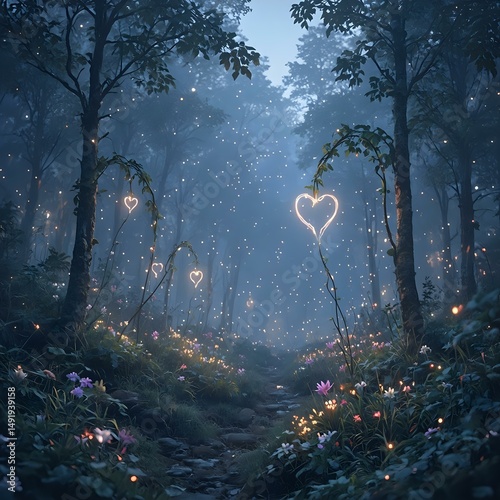 A mystical forest scene with glowing heart-shaped lights illuminating a winding path amidst lush greenery and twinkling fireflies.