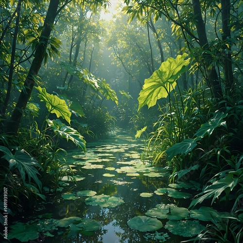 A serene image of a lush, sunlit forest with a tranquil pond reflecting the verdant surroundings and towering trees.